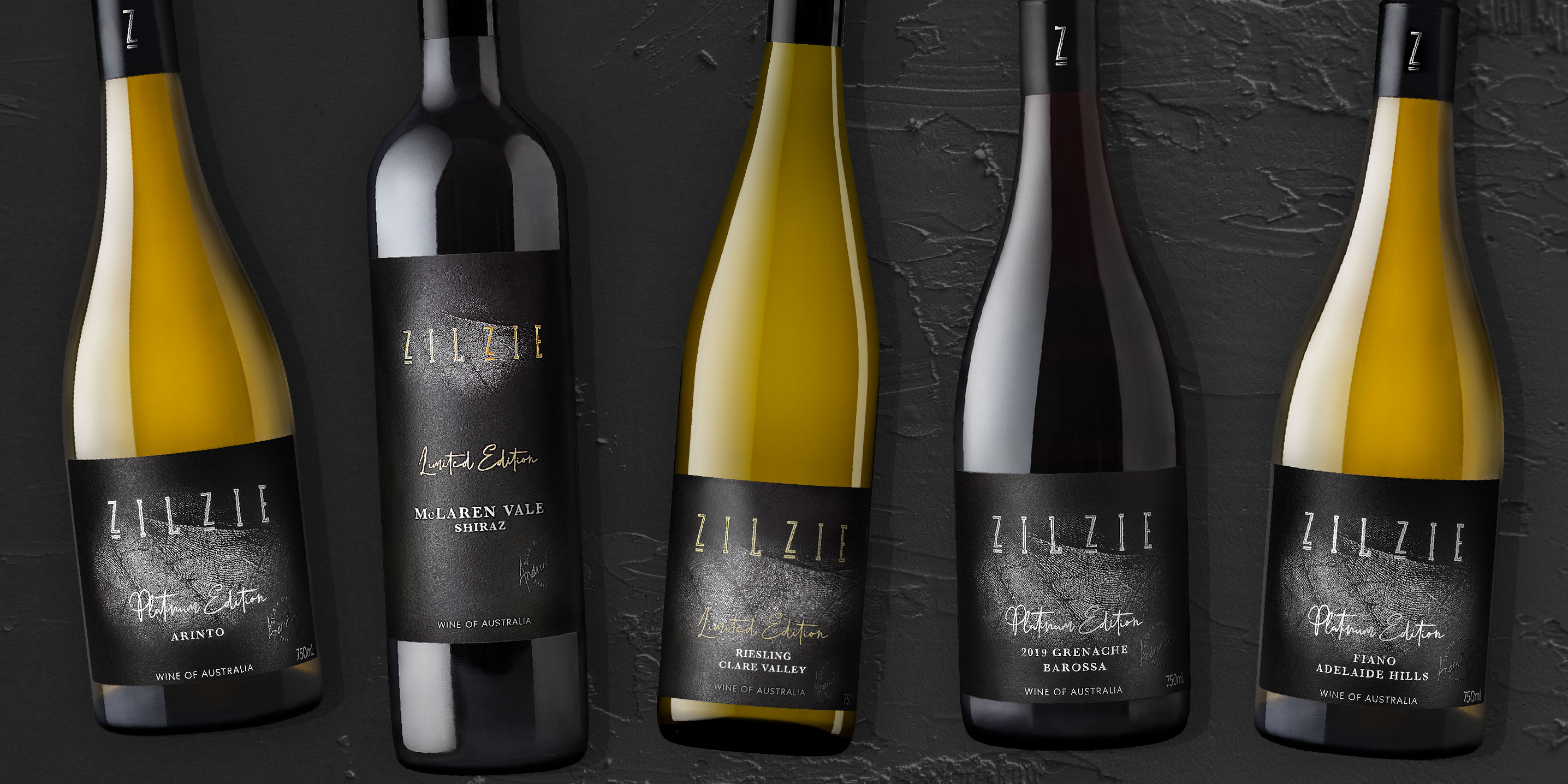 Lineup of Zilzie wines